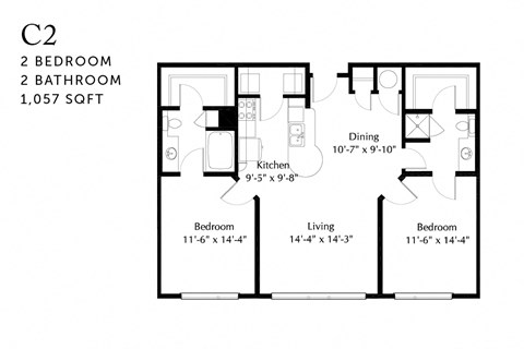 Floor plan for 2 beds, 2 baths, 1005 sqft